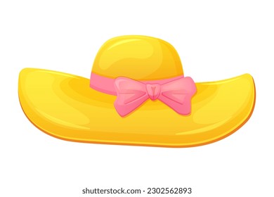 Yellow sun hat with pink bow. Women summer accessories. Vector illustration isolated on white.