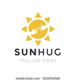 Yellow sun hug logo for company business. Creative symbol with tagline on white background. Emblem with hands template vector illustration.