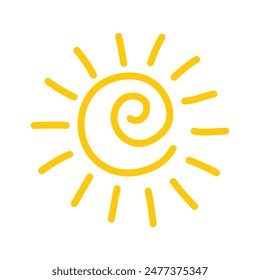 Yellow sun icon isolated on white background. Hand drawn summer element. Vector illustration