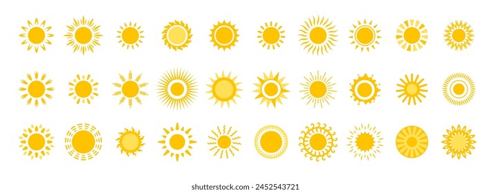 Yellow sun icon and logo set. Vector summer symbols. Sunrise, sunset. Flat simple suns isolated on white background