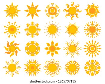 Yellow sun icon. Orange weather sunshine summer vector abstract symbols isolated