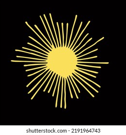 Yellow sun icon with rays on a black background. Vector image drawn by hand. Logo, template, icon, clipart, sketch. Design of a postcard, banner.