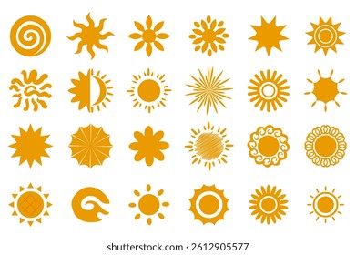 Yellow sun icon set in flat graphic design. Collection isolated elements with different types of simple summer circle symbols with sunbeams, sunbursts, sunshines, swirl rays. Vector illustration.