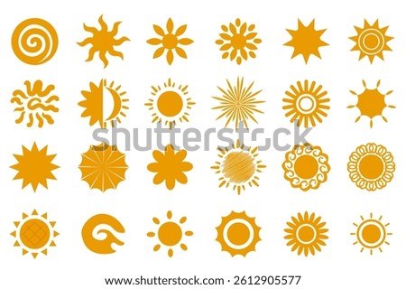 Yellow sun icon set in flat graphic design. Collection isolated elements with different types of simple summer circle symbols with sunbeams, sunbursts, sunshines, swirl rays. Vector illustration.