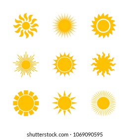 Yellow sun icon set isolated on white background. Modern simple flat sunlight, sign. Trendy vector summer symbol for website design, mobile app. Stock illustration