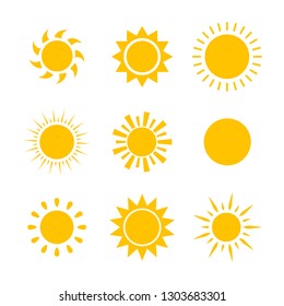 Yellow sun icon set isolated on white background. Modern simple flat sunlight, sign. Trendy vector summer symbol for website design, mobile app. Stock illustration