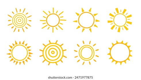 Yellow sun icon set isolated on white background. Hand drawn summer elements. Vector illustration