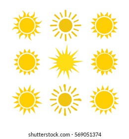 Yellow sun icon set isolated on white background. Modern simple flat sunlight, sign. Trendy vector summer symbol for website design, mobile app. Stock illustration