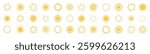 Yellow sun icon set, shining sunshine, and solar glow. Sunrise and sunset symbols with decorative full and half-circle suns. Bright sunlight and hot solar energy for tanning. Vector PNG.