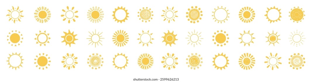 Yellow sun icon set, shining sunshine, and solar glow. Sunrise and sunset symbols with decorative full and half-circle suns. Bright sunlight and hot solar energy for tanning. Vector PNG.