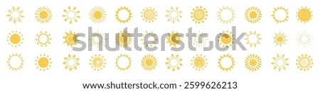 Yellow sun icon set, shining sunshine, and solar glow. Sunrise and sunset symbols with decorative full and half-circle suns. Bright sunlight and hot solar energy for tanning. Vector PNG.