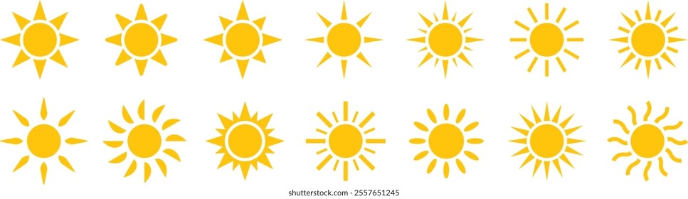 Yellow sun icon set. Sun star icons collection. Sunshine, sunset collection, summer, sunlight – stock vector	