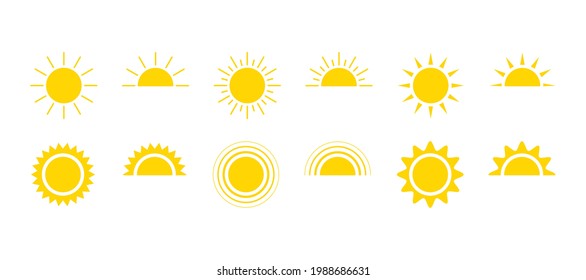 Yellow sun icon set, sunshine and solar glow, sunrise or sunset. Decorative circle full and half sun and sunlight. Hot solar energy for tan. Vector sign - Shutterstock ID 1988686631