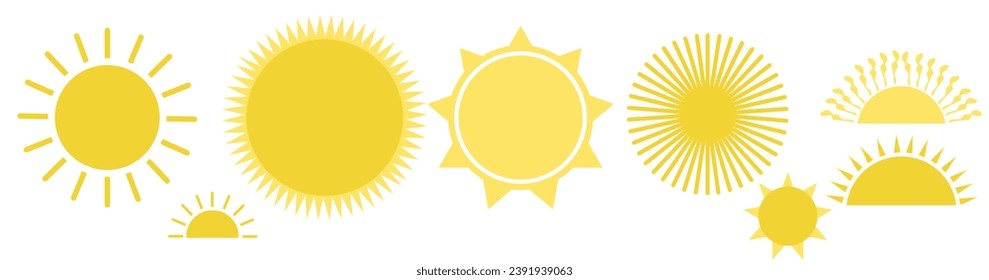 Yellow sun icon set, sunshine and solar glow, sunrise or sunset. Decorative circle full and half sun and sunlight. Hot solar energy for tan.