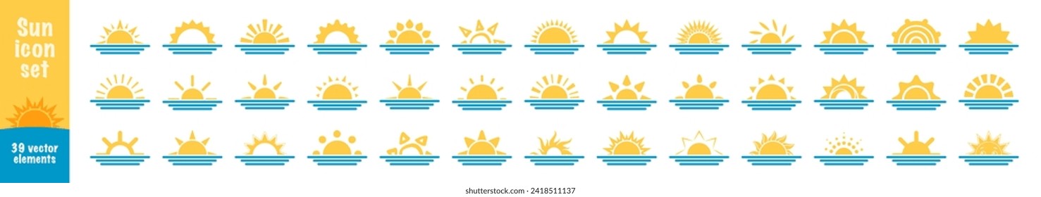 Yellow sun icon set, sunshine and solar glow, sunrise or sunset. Shine sun ray set. Sunshine vector sign