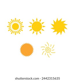 Yellow sun icon set, sunshine and solar glow, symbol.