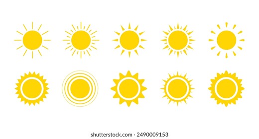 Yellow sun icon set, sunshine and solar glow. Decorative circle sun and sunlight. Hot solar energy for tan. Vector illustration