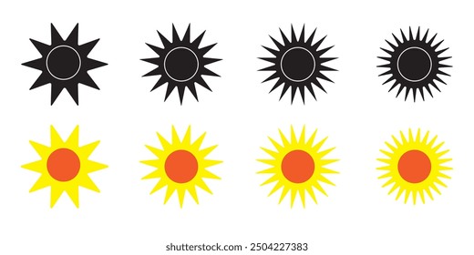 Icono de sol amarillo puesto, sol y resplandor solar, salida o puesta del sol. Círculo decorativo lleno y medio sol y luz del sol. Energía solar caliente para bronceado. signo de Vector