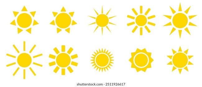 Yellow sun icon set, sunshine solar glow sign. Decorative circle sun and sunlight, sunrise or sunset. Hot solar energy for tan. Stock vector illustration isolated on white background.