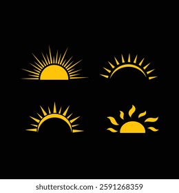 Yellow sun icon set, sunshine and solar glow, sunrise or sunset