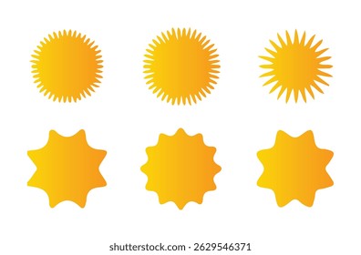 Yellow sun icon set, sunshine and solar glow, sunrise or sunset.Hot solar energy for tan. Vector illustration eps 10