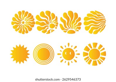 Yellow sun icon set, sunshine and solar glow, sunrise or sunset.Hot solar energy for tan. Vector illustration eps 10