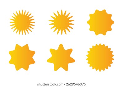Yellow sun icon set, sunshine and solar glow, sunrise or sunset.Hot solar energy for tan. Vector illustration eps 10
