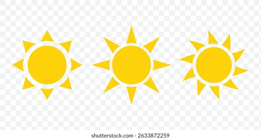 Yellow sun icon set, sunshine and solar glow, sunrise or sunset. Decorative circle full and half sun and sunlight. Hot solar energy for tan. Vector sign. EPS 10.