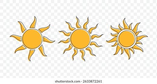 Yellow sun icon set, sunshine and solar glow, sunrise or sunset. Decorative circle full and half sun and sunlight. Hot solar energy for tan. Vector sign. EPS 10.