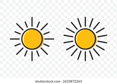 Yellow sun icon set, sunshine and solar glow, sunrise or sunset. Decorative circle full and half sun and sunlight. Hot solar energy for tan. Vector sign. EPS 10.