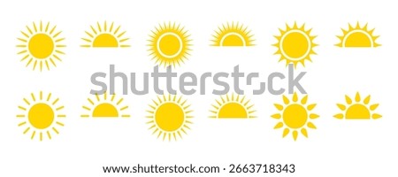 Yellow sun icon set. Sunshine and solar glow, sunrise or sunset. Full and half sun and sunlight. Hot solar energy for tan. Sun vector illustration
