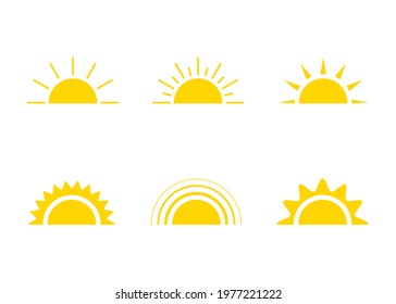 Yellow sun icon, sunshine and sunrise or sunset. Decorative sun and sunlight. Hot solar energy for tan. Vector sign