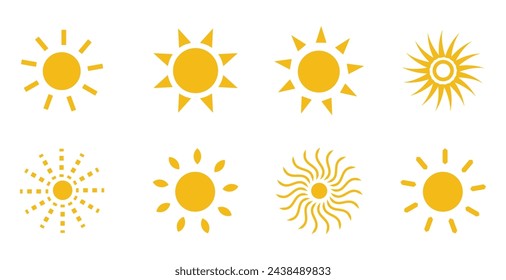Vector amarillo del icono del sol fijado en el fondo blanco, eps10