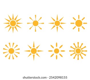 Yellow Sun icon vector set,Yellow sunshine hot summer weather collection,Sun collection, sun vector elements.For summer, nature, sky, summer.Yellow sun star icons, Sun silhouette,