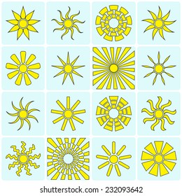 Yellow sun icons collection. Vector illustration. Different forms of sun
