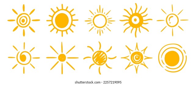 Yellow sun icons design bundle collection. Hand drawn doodle nature heat symbol.