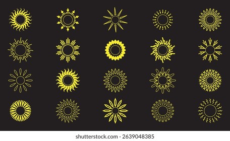 Yellow sun icons. Sun icon set. Collection of yellow sun star illustration in vector for use as weather, sunlight, nature icons or logo isolated on background.