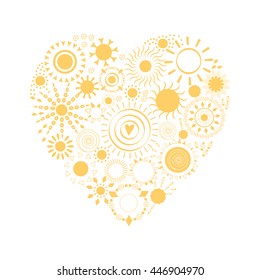 Yellow sun icons made shape if heart. Abstract mandala sunny cute design isolated on the white. Summer print element. Love inspirational symbol.