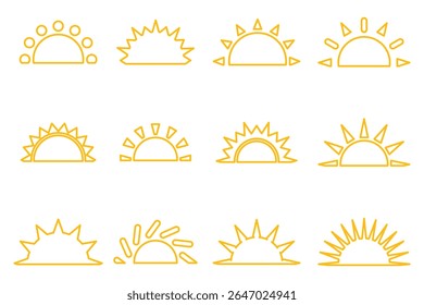 Yellow sun icons. Sun set, sunrise symbol. Half sun vector collection. Summer sun icon, bright for sunny UI designs. Vector illustration 