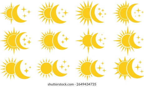Yellow Sun Icons Set for Sunshine, Solar Glow, Sunrise, Sunset, Decorative Sun for Website and Infographics Vector Illustration EPS10
