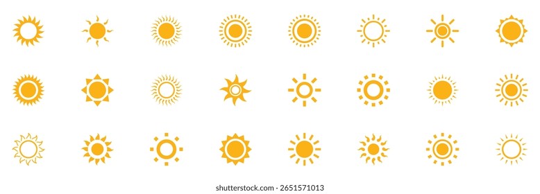 Conjunto de ícones de sol amarelo, luz solar e brilho solar. Ilustração do verão do sol. Conjunto vetorial de ícones do sol. Coleção de ícones simples da Sun.