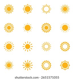 Conjunto de ícones de sol amarelo, luz solar e brilho solar. Ilustração do verão do sol. Conjunto vetorial de ícones do sol. Coleção de ícones simples da Sun.