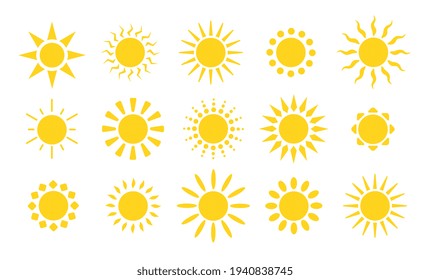 Yellow sun icons. Suns rays, flat sunny weather elements. Summer heat, isolated abstract sunrise or bright morning utter vector symbols set