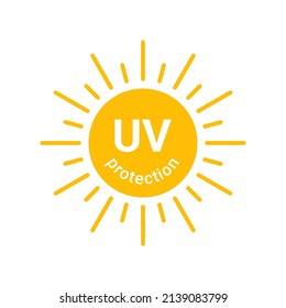 Yellow sun with inscription uv protection icon, sunblock from sunshine and solar burn. Сircle full sun and sunlight. Hot solar energy for tan. Vector sign