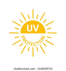 Yellow sun with inscription uv protection icon, sunblock from sunshine and solar burn. Circle full sun and sunlight. Hot solar energy for tan. Vector sign