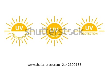 Yellow sun with inscription uv protection icon, sunblock from sunshine and solar burn. Circle full sun and sunlight. Hot solar energy for tan. Vector sign