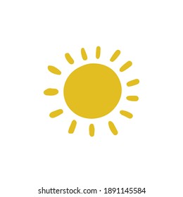 Yellow sun isolated on white background. Bright cartoon hand drawn illustration. Natural rays. Saving energy healthy lifestyle. Walking outdoor. Sunny weather forecast. Morning light happiness. 