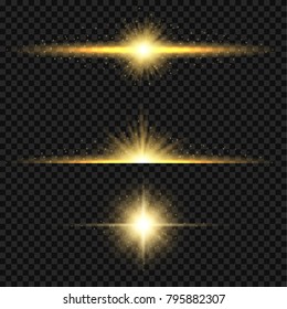 Yellow Sun Light Flare Effect. Horizontal Light Dividers with Sparks. Vector set. Holiday Party Design Elements.