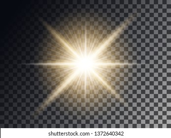 Yellow sun light, flash or bright star. Shimmering brilliance. Vector design element isolated on a transparent background.