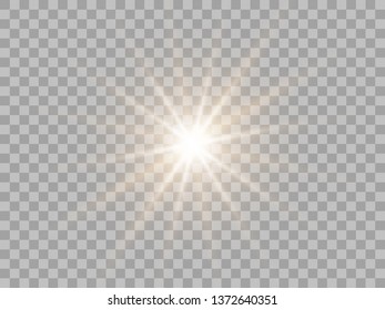 Yellow sun light, flash or bright star. Shimmering brilliance. Vector design element isolated on a transparent background.